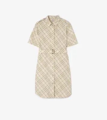 Check Cotton Shirt Dress in Sesame beige