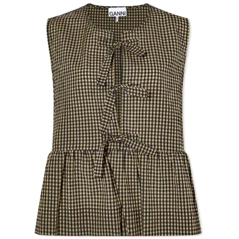 Seersucker Check Sleeveless Ribbon Blouse