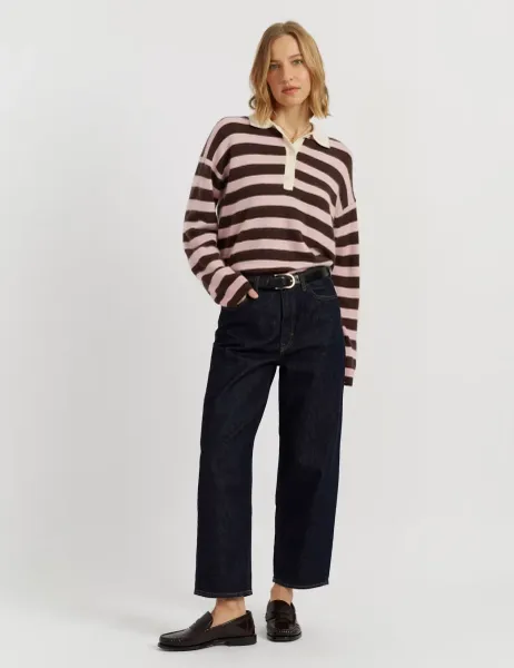 Chinti & Parker Brushed Pure Merino Wool Striped Collared Sweatshirt Pink Mix