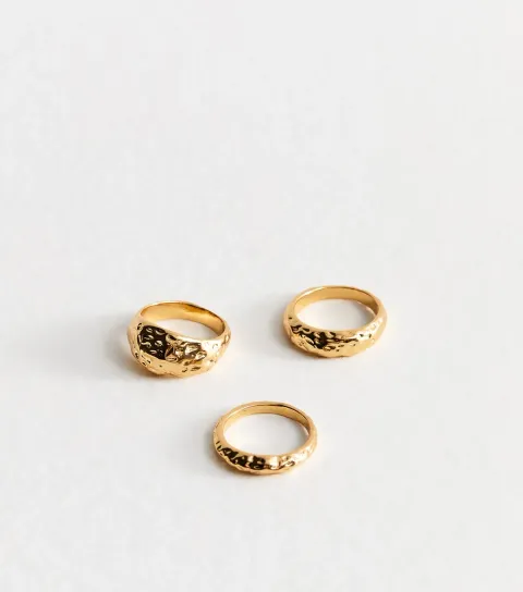 Pack of 3 Gold Tone Chunky Hammered Texture Rings