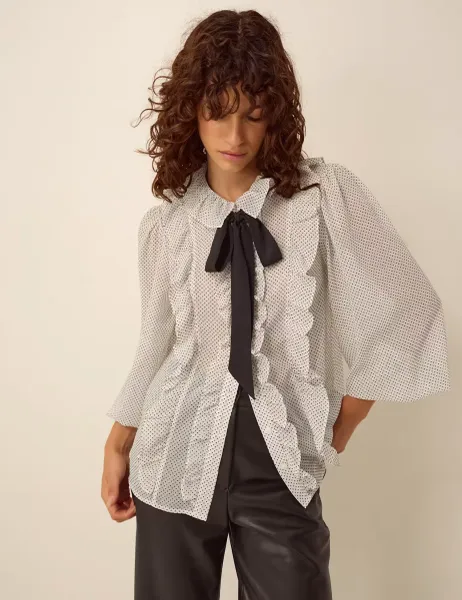 Monsoon Polka Dot Collared Tie Neck Ruffle Blouse White Mix