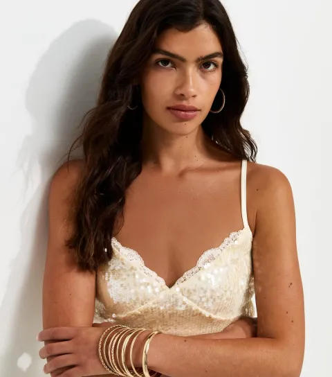 Women's Cream Sequin Embellished Lace Trim Cami Top