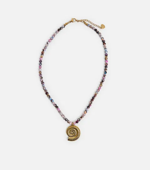 Gold Tone Beaded Shell Pendant Necklace