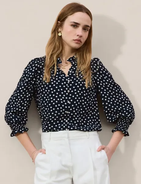 BAUKJEN Crepe Polka Dot Collared Puff Sleeve Blouse Navy Mix