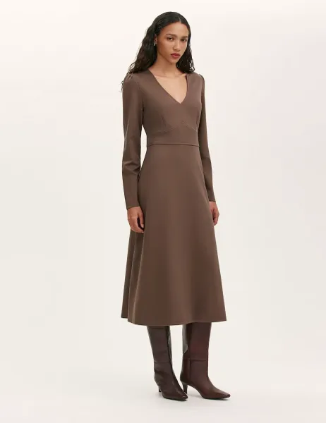 Finery London Ponte Jersey V-Neck Midi Waisted Dress Brown