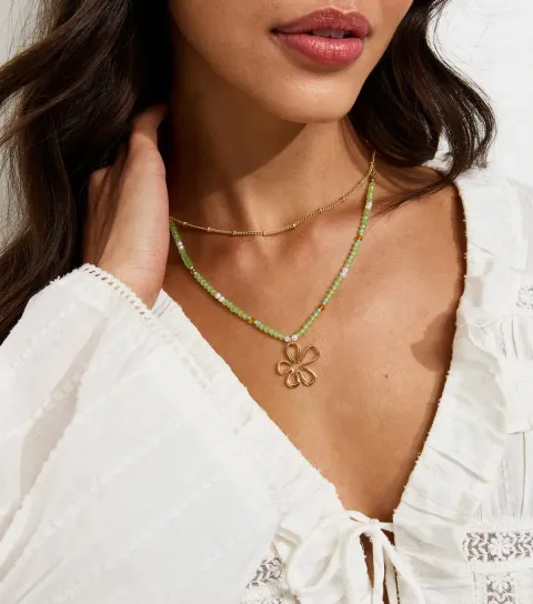 Light Green Double Layer Beaded Flower Charm Necklace
