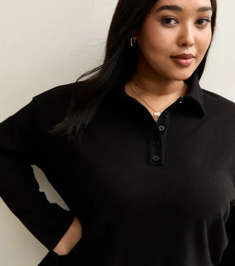 Women's Plus Size Black Ribbed Long Sleeve Polo Top Curves