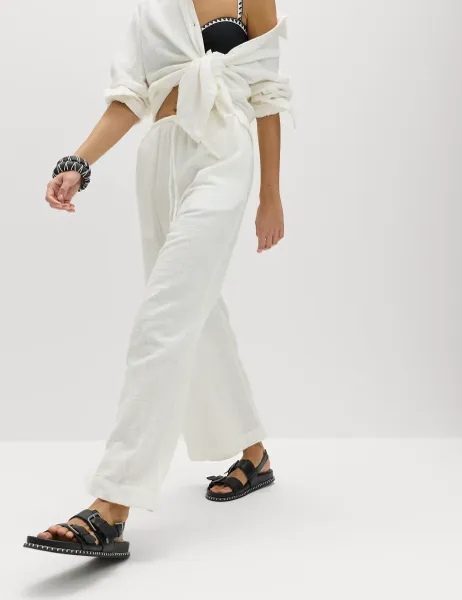 Marks & Spencer Pure Cotton Drawstring Beach Trousers Soft White