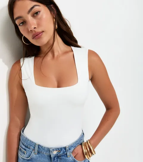 New Look Women's White Slinky Square Neck Sleeveless Bodysuit