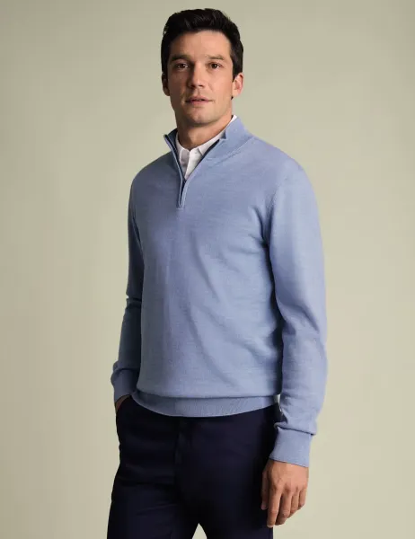 Charles Tyrwhitt Pure Wool Half Zip Jumper Light Blue