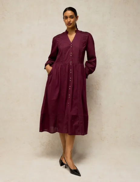 White Stuff Sole Cotton Blend Notch Neck Knee Length Dress Plum