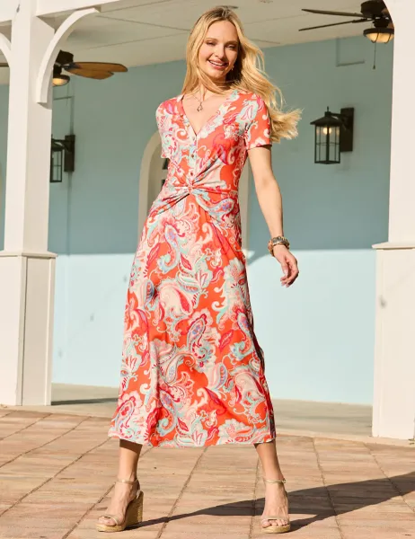 SOSANDAR Paisley V-Neck Twist Front Midi Dress Pink Mix