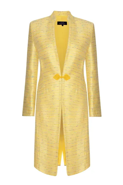 Yellow Dress Coat in Summer Slub Stripe with Self Trim and Frogging - Vicky