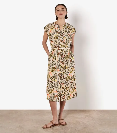 Women's Stone Leaf Print Belted Midi Shirt Dress