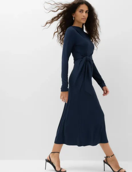Marks & Spencer Jersey Tie Waist Slash Neck Midi Waisted Dress Navy