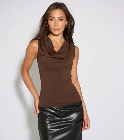 Women's Dark Brown Button Shoulder Cowl Neck Top
