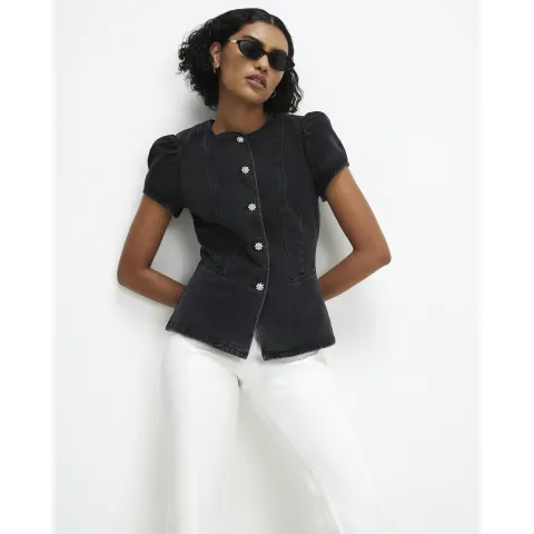 River Island Denim Peplum Button Fasten Top