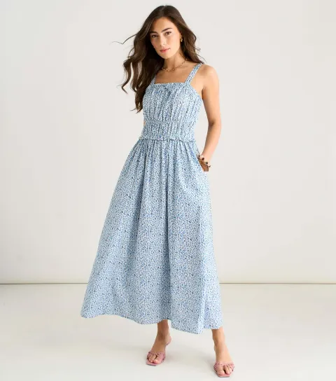 Women's Blue Ditsy Floral Ruched Midi Dress