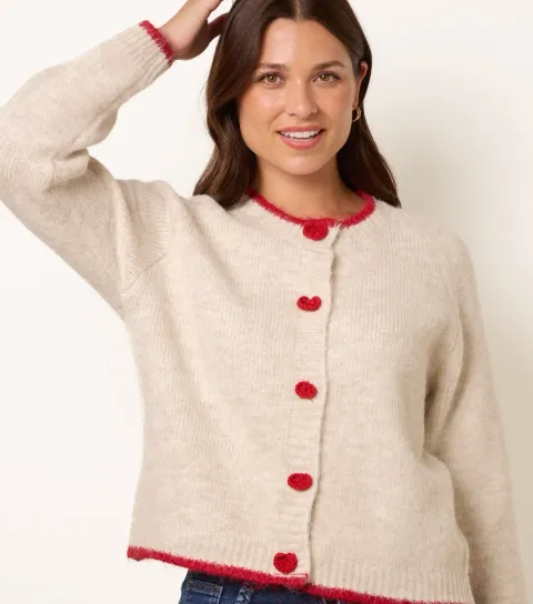 Blue Vanilla Women's Oatmeal Crochet Button Contrast Trim Cardigan
