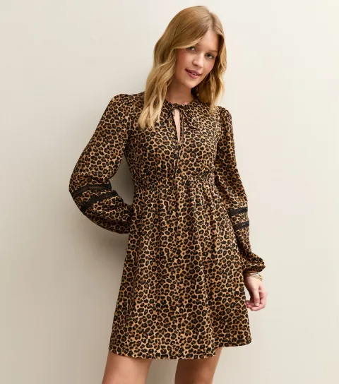 Women's Brown Animal Print Tie Neck Mini Dress
