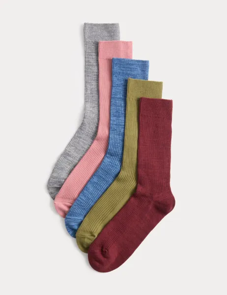Marks & Spencer 5 Pack Cotton Rich Ribbed Socks Red Mix