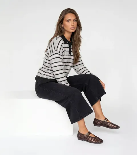 Urban Bliss Women's Light Grey Stripe Contrast Trim Polo Collar Top