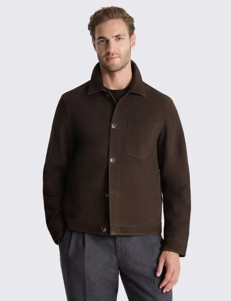 Moss Suede Collared Harrington Shacket Brown
