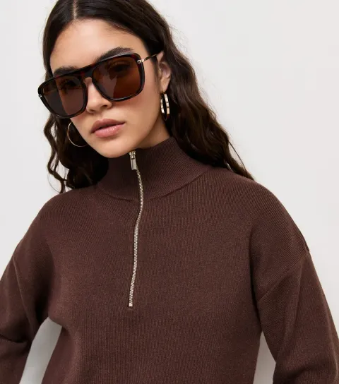 Women's Brown Knitted Half Zip Jumper