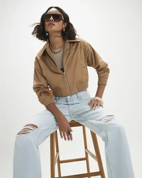 River Island Faux Suede Ribbed Hem Bomber Jacket