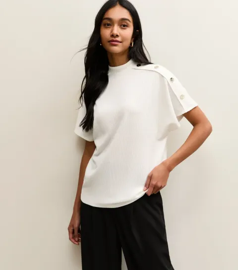 New Look Women's White Faux Button Batwing Textured Short Sleeve Top
