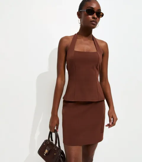 Women's Dark Brown Halterneck Peplum Mini Dress