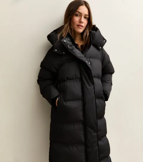 Women's Petite Black Longline Tiered Puffer Jacket