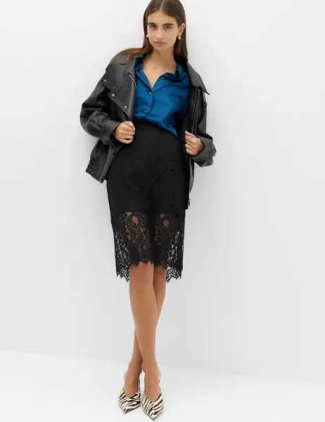 Marks & Spencer Cotton Blend Lace Knee Length Pencil Skirt Black