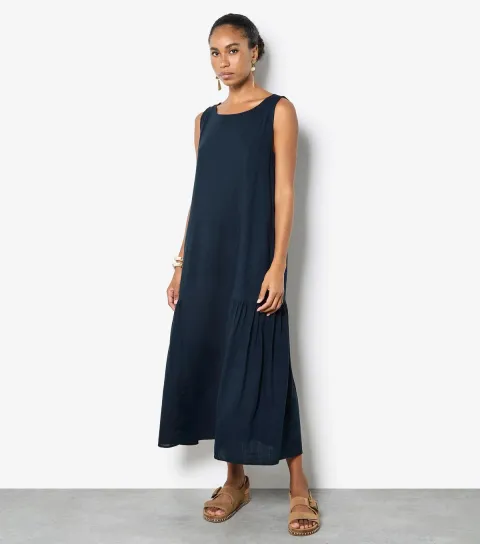Women's Navy Pleat Detail Trapeze Midi Dress