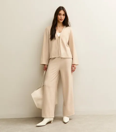 Women's Cream Soft Touch Wide Leg Brushed Trousers