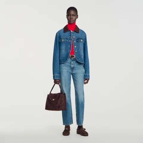 Denim jacket with leather collar