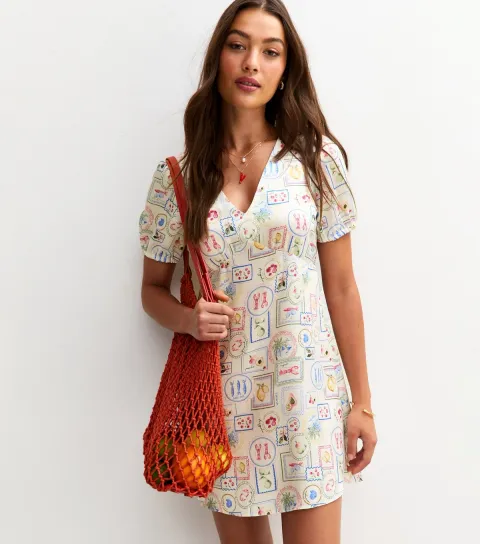 Women's White Stamp Print Satin Tie Back Mini Dress