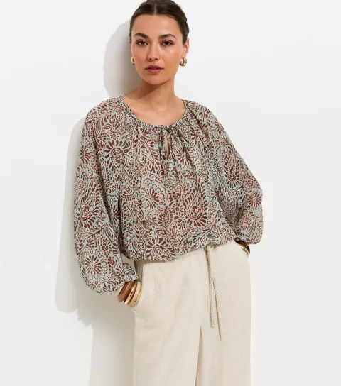 Women's Green Paisley Print Long Sleeve Chiffon Blouse