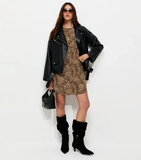 Women's Brown Animal Print Long Sleeve Mini Dress