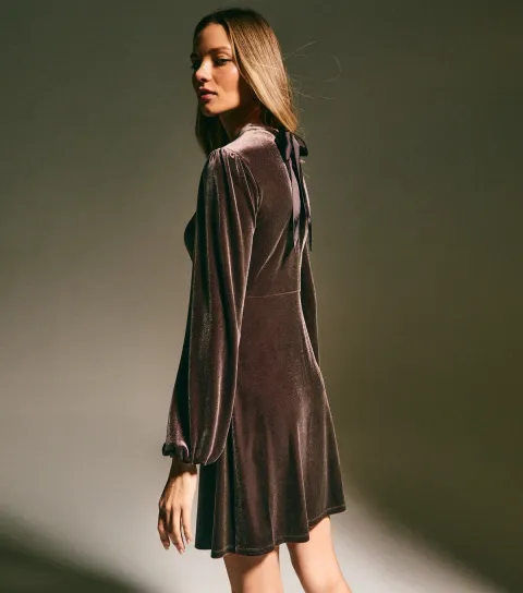 Women's Dark Brown Velvet Long Sleeve Mini Dress