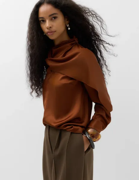 Marks & Spencer Satin Scarf Neck Blouse Cognac
