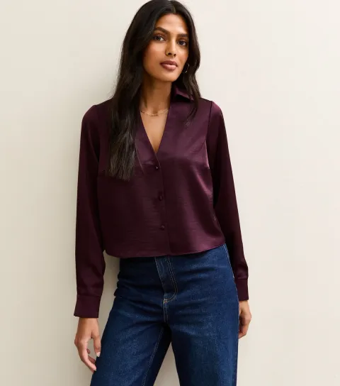 Women's Burgundy Satin Crop Shirt