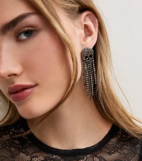 New Look Dark Grey Rhinestone Embellished Tassel Skull Drop Earrings