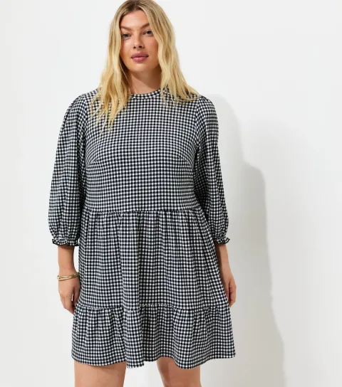 Women's Plus Size Black Gingham Print Cropped Sleeve Mini Smock Dress Curves