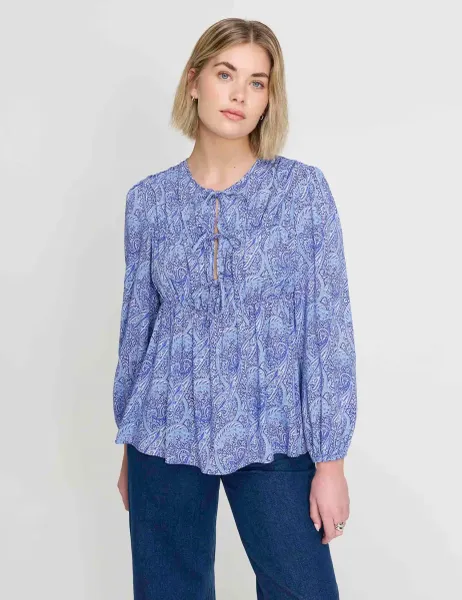 Finery London Paisley Tie Front Top Blue Mix
