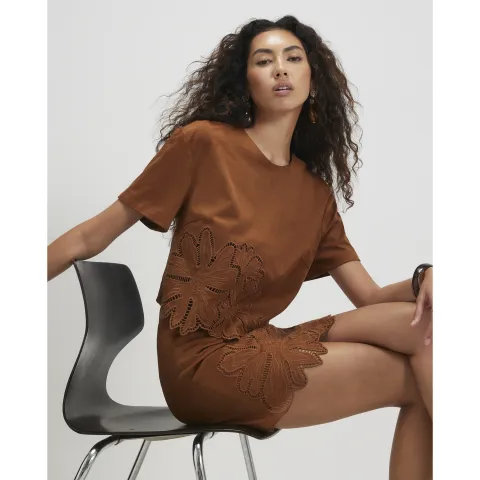 River Island Floral Cutwork Faux Suede T-Shirt