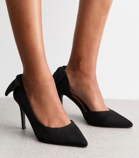 Women's Wide Fit Black Faux Suede Bow Detail Court Shoes Vegan