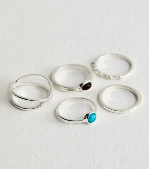 Pack of 5 Silver Tone Faux Stone Rings