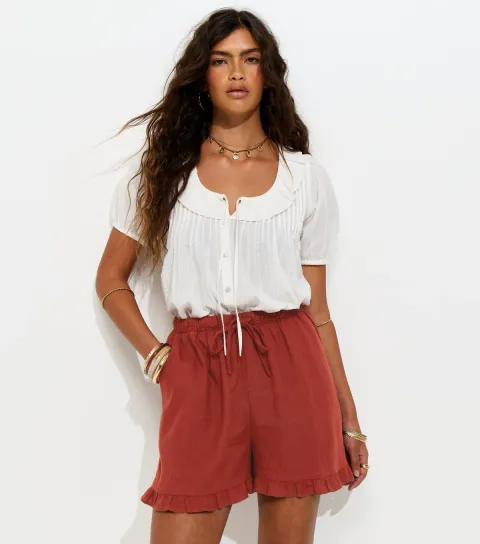 New Look Women's Rust Drawstring Waist Ruffle Trim Shorts