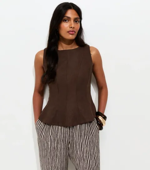 New Look Women's Dark Brown Linen Blend Peplum Top